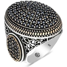 Resim Gümüş Siyah Zirkon Taşlı Oval Erkek Yüzük (546038496) 
