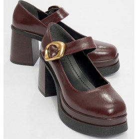 Resim Ashes Bordo Cilt Gold Tokalı Kadın Platform Topuklu Ayakkabı Bordo 