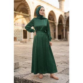 Resim Modestim Kadın Saten Taş Işlemeli Kuşaklı Tesettür Düğün Nişan Özel Gün Abiye Elbise Haki Zümrüt Yeşili 