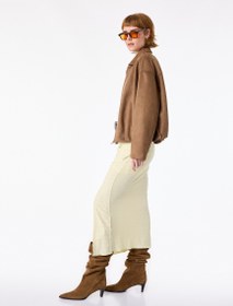 Resim Slim Fit Bürümcük Kumaş Drape Detaylı Midi Boy Kalem Etek 