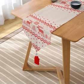 Resim Kanaviçe Motifli Yılbaşı Temalı Dijital Baskılı Özel Tasarım Püsküllü Şönil Üçgen Runner 