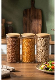 Resim Porsima 2-3 Bambu Vakumlu Kapaklı Yuvarlak Borosilikat Cam 3lü Kavanoz Seti Saklama Kabı 1300ml 10x20cm 