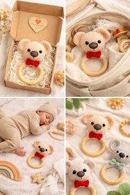 Resim atamergrup Amigurumi Bebek Şıngırak - El Yapımı Organik Oyuncak - Ahşap Halkalı Bebek Oyuncağı 
