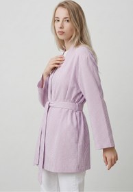 Resim Saade Lila Kadın Dikey Çizgili Geniş Kollu Şık Yazlık Relaxed Kimono 