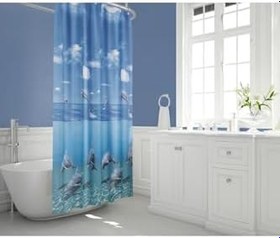 Resim Tropik Home Mavi Yunus Desen Banyo Perdesi-mavi Renk Duş Perdesi, 180x200 Cm Küvet Perdesi 