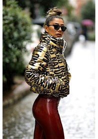Resim Keyifli Moda Kadın Gold Parlak Yazılı Dik Yaka Kısa Şişme Mont 
