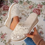 Resim Kalın Yastıklı PU Tabanlı ve Dantel Gibi Kesikli Kadın Bohem Slip-On Sandaletler - Nefes Alabilir Kumaş Üst, Yuvarlak Burun Tasarımı Günlük Yaz Çıkışları, Plaj, Piknikler için Sevimli Sandaletler, Plaj Ayakkabıları, Dayanıklı Traction Ayakkabılar 