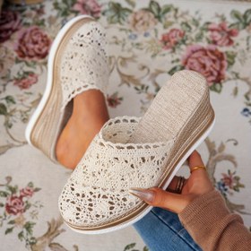 Resim Kalın Yastıklı PU Tabanlı ve Dantel Gibi Kesikli Kadın Bohem Slip-On Sandaletler - Nefes Alabilir Kumaş Üst, Yuvarlak Burun Tasarımı Günlük Yaz Çıkışları, Plaj, Piknikler için Sevimli Sandaletler, Plaj Ayakkabıları, Dayanıklı Traction Ayakkabılar 