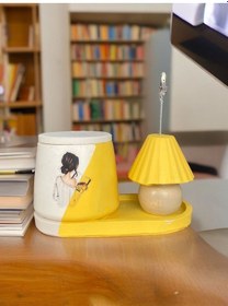Resim Abajur Not - Fotoğraf Tutuculu Saksı Mumluk Seti Hediyelik Ofis Seti Sarı 