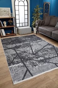 Resim Fergana Antrasit Çizgili Modern Geometrik Etnik Desenli Boho Makinada Yıkanabilir Hav Toz Vermez Leke Tutmaz Kaymaz Taban Dijital Makine Baskı Halı Oturma Odası Salon Yolluk Koridor Mutfak Halısı 
