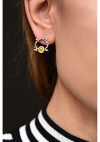 Resim 925 Ayar Gümüş Rose Kaplama Mineli Papatya Çivili Tasarım Küpe UVPS301040 