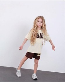 Resim Cg Kids Krem Kahve Süzüne Nakışlı Kız Çocuk Tshirt & Şort Alt Üst Takım Süper Kalite Krem - Kahverengi 