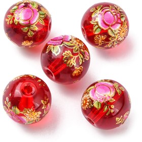 Resim 5 adet Çiçek Desenli Cam Boncuk 10/12mm - Canlı Pembe, Kırmızı ve Altın DIY Takı Yapımı Aksesuarları Kulaklıklar, Bilezikler, Kolyeler, Boncuklar Takı Yapımı Malzemeleri, İncelikli Boncuk İşleri, Detaylı El Sanatları 