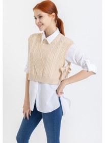 Resim Giysa Kadın Triko Crop Süveter Bej Yandan Bağlamalı Kısa Örgü Desen Dokulu - 4014-355 Bej 