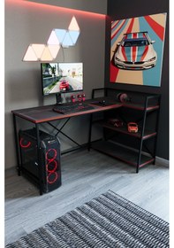 Resim Siyah Raflı Çift Yöne Uygun Oyuncu Masası, Bilgisayar Masası, Gamer Masası, Gaming Masa, L Masa - Sks-l Siyah - Kırmızı 