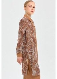 Resim Esswaap Desenli File Kumaş Tunik Pantolon Takım Camel Kahverengi 
