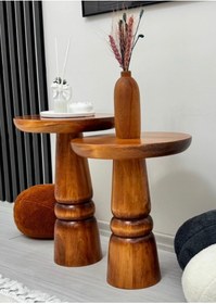 Resim ASELYA HOME Ahşap 2’li Set Mantar Yan Sehpa Modern Açık Ceviz Fiskos Zigon Çiçeklik 