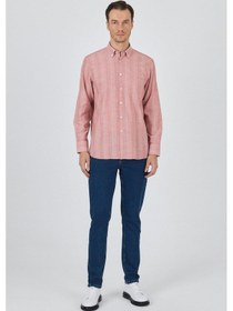 Resim Uzun Kol Çizgili Desen Armürlü Düğmeli Yaka Cepli Pamuklu Classic Comfort Fit Gömlek 1004250157 Pembe 