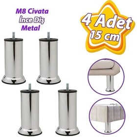 Resim 4 Adet Metal Destek Ayağı 15 Cm Krom Mobilya Kanepe Baza Koltuk Ünite Ayakları Metrik 8 Civatalı İnce Diş 