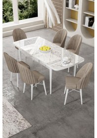 Resim Canisa Gale Serisi 80x132 Açılabilir Lak Panel Beyaz Mermer Desen Mutfak Masa Takımı 6 Sandalye Masa Beyaz Mermer Desen Sandalye Cappucino 