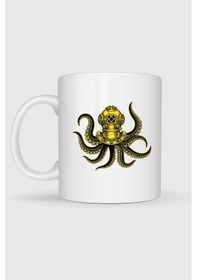 Resim Steampunk Octopus Dalgıç Başlığı Baskılı Kupa Bardak Beyaz 