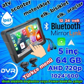 Resim 2 Tekerli Araçlar İçin 5'' Dvr Monitör + Ön Ve Arka Kamera Carplay Ve Android Auto 