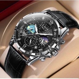 Resim Fochsia Lıge Erkek Astronomik Kadranlı Işıklı Kuvars Kronograf Silvery Black Deri Kolluk Saat Diğer 