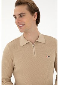 Resim U.S. Polo Assn. Erkek Regular Fit Yarım Fermuarlı Kum Melanj Basic Kazak 50298266-VR085 