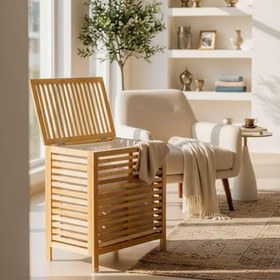 Resim 105 Litre Çift Bölmeli Bambu Çamaşır Sepeti - Renkli ve Beyaz Çamaşır Ayrıştırıcı - Çıkarılabilir Torbalı Kapaklı Kirli Sepeti (59x53x35 cm) 