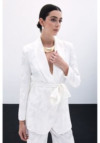 Resim Sateen Bağlamalı Jakarlı Ceket - Ekru-135781 Ekru 