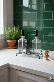 Resim Metal Standlı Ikili Cam Sabunluk Seti - 500 ml Sıvı Sabunluk Ve Süngerlik (Siyah) 