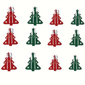 Resim 12 Noel Keçe Masa Örtüsü ve 10 Kırmızı Keçe Yer Matı, Çatal Bıçak Tutucu & Çanta, Parti Akşam Yemeği Sofra Mutfak Dekorasyonları 