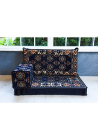 Resim Şark Köşesi Takımı , 95 cm Yer Minderi Takımı (Sünger Dahil) Lacivert Buhara Modeli (3 Parça) 