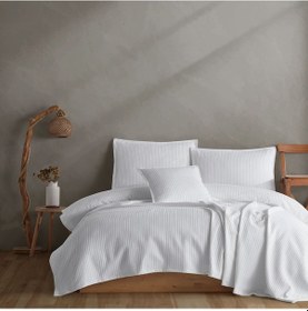Resim %100 Pamuklu Örgü Desenli Çok Amaçlı Yatak Örtüsü 220x230 Beyaz 