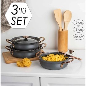 Resim Oms 3724 Bakraç Güveç Sahan Takımı - Yanmaz Yapışmaz 3 lü Sahan Seti Antrasit 