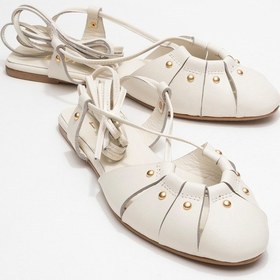 Resim Luvi Shoes Darıa Ekru Hakiki Deri Troklu Bilekten Bağcıklı Kadın Sandalet Ekru 
