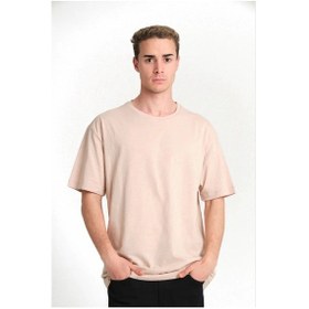Resim Barlashive Erkek Düz Tişört Bisikilet Yaka Kısa Kol Oversize T-shirt - Bej Çok Renkli 