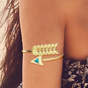 Resim Vintage ilhamlı Cupid's Arrow Kolu Bileziği - Zarif Altın Tonlu Yaprak Tasarımı ile Mavi Taş Aksesuarları, Parti ve Günlük Giyim için Ayarlanabilir Çinko Alaşımlı Bilezik, Kol Aksesuarı | Zarif Kol Aksesuarı | Taş Aksesuarları 
