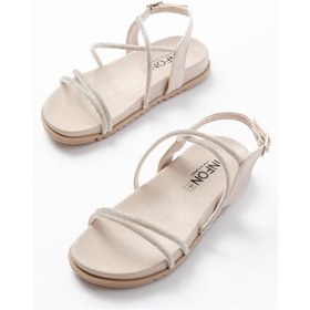 Resim 1001-1105 Bej Gümüş Taşlı Günlük Kadın Sandalet Altın - Taba 