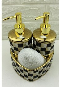 Resim 2 Hazneli Kalp Model Porselen Mutfak 400ml Set Sıvı Sabunluk Damalı Fırçalı 19903 