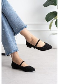 Resim Shoetek Lofi Kadın Babet Önden Bantlı Tokalı Keten Dokumalı Siyah 