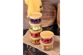 Resim Feyza Design Şık 6'lı Bambu Kapaklı Cam Kahvaltılık Seti, 300ML, Vakumlu 