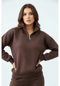 Resim Balenbi Kadın 3 İplik İçi Polarlı Yarım Fermuarlı Oversize Sweatshirt 1112 Kahverengi 