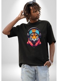 Resim Kulaklık Kedi Leopar Bandana Pamuklu Bisiklet Yaka Unisex Oversize Boyfriend Dijital Baskılı Siyah T-shirt Siyah 