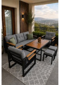 Resim Rovena Esinti Balkon Takımı, Siyah Bahçe Takımı 5+1 Masa 70x110 3lü Koltuk 70x180 Tekli Koltuk 70x70 Gri 