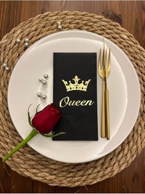 Resim Gold Yaldızlı Siyah Queen Taç Detaylı Peçete 16 Adet 