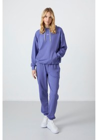 Resim Tommy Life Eflatun Kapüşonlu Kanguru Cep Oversize Lastik Paça Kadın Eşofman Takımı - 95288 Mor 
