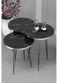 Resim Sehpa Siyah Tel Ayak Gümüş Beyaz Zigon Siyah Mermer 