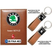 Resim Plakanıza Özel Skoda Logolu Taba Ruhsat Kabı Ve Anahtarlık 