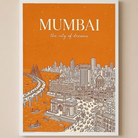 Resim Mumbai Line Art Print - Saffron Gateway of India Marine Drive Skyline Wall Art - Wooden Frame - White / 16 x 20" (40x50 cm) 